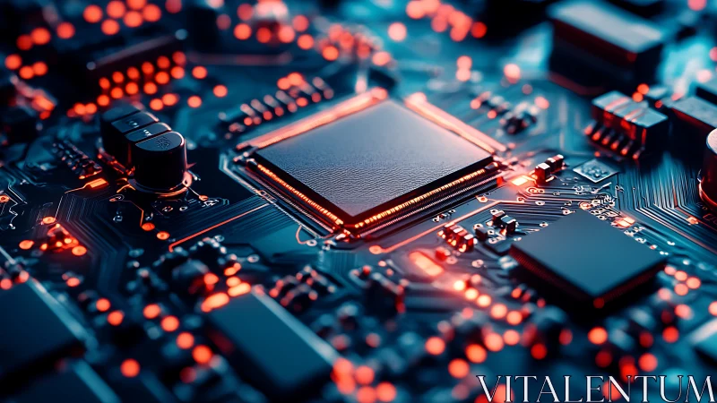 Cyberpunk motherboard close-up with luminous processor core.