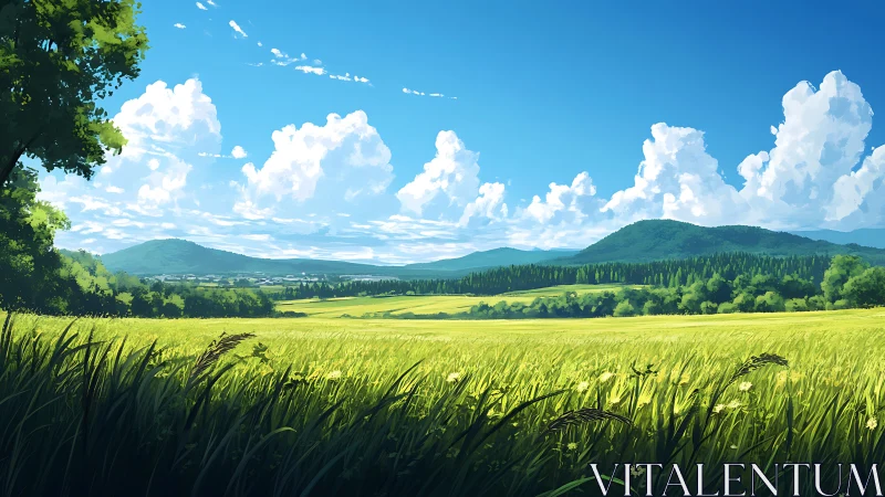Sunlit countryside meadow under towering summer clouds.
