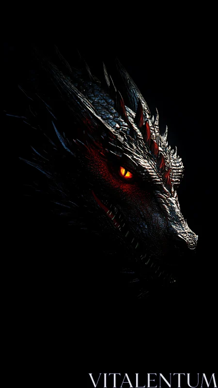 Brooding dragon profile with ember-lit scales in darkness.