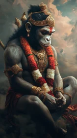 Divine monkey warrior sits in meditative cloud realm