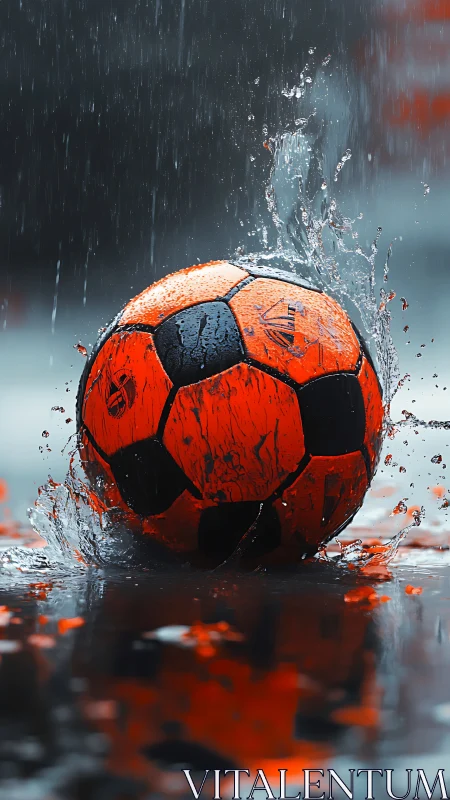 Orange soccer ball splashes through rain on reflective pitch