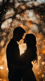 Silhouetted couple gazes intimately amid golden bokeh lights and clouds