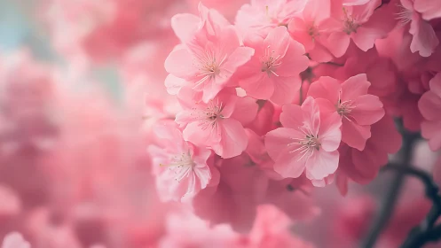 Cherry Blossoms in Soft Focus: Delicate Pink Petals and Golden Stamens.