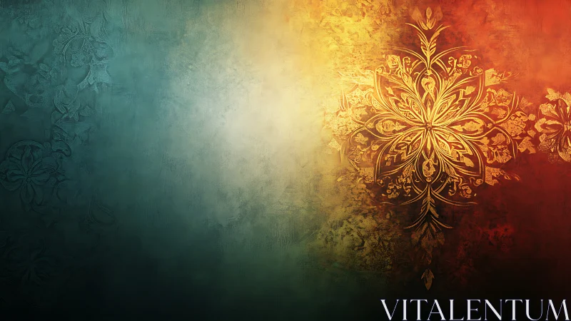 Ornate gold mandala blooms over teal to amber gradient