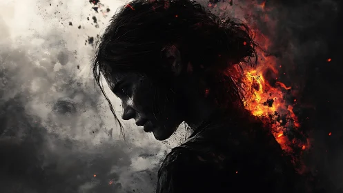 War-torn woman silhouette ignites with burning embers