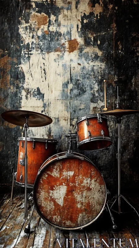 Vintage orange drum kit set against distressed studio wall.