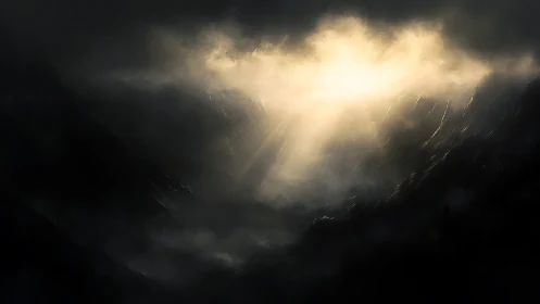 Luminous dawn rays piercing stormy shadowed mountainscape.