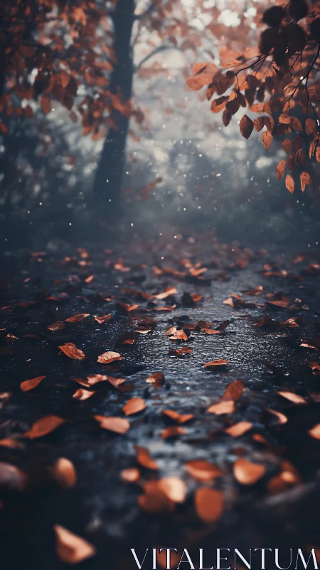 Quiet forest path wrapped in gentle autumn rainlight.