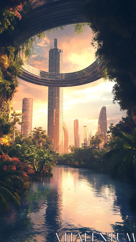 Futuristic jungle city rises beyond reflective tropical river