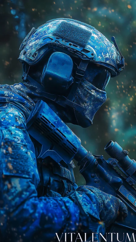 Armored tactical soldier in blue digital combat gear.