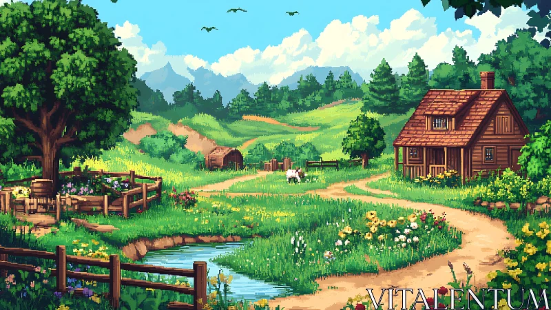 Sunlit pixel homestead where wildflower paths wander.