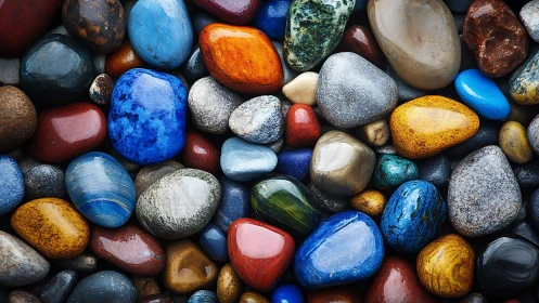 Polished multicolored river stones forming tight mosaic.