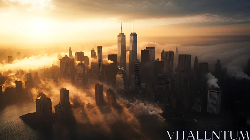 Sunlit skyscraper skyline rises through dense low fog bank