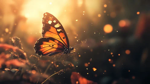 Golden dusk butterfly resting in a dreamy forest glow.