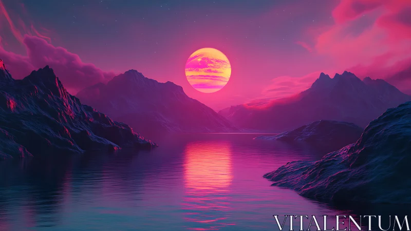 Neon twilight mountains framing radiant pink alien sunset.