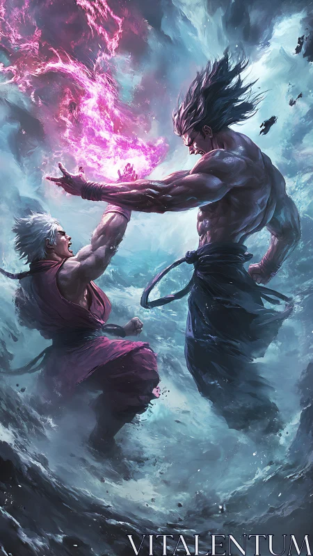 Storm-wreathed duel of arcane warriors in churning water.