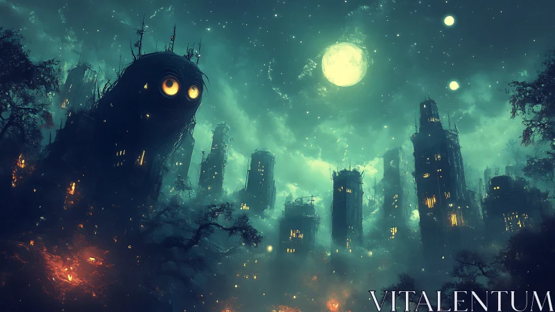Owl-eyed monoliths looming over a moonlit ruined cityscape.