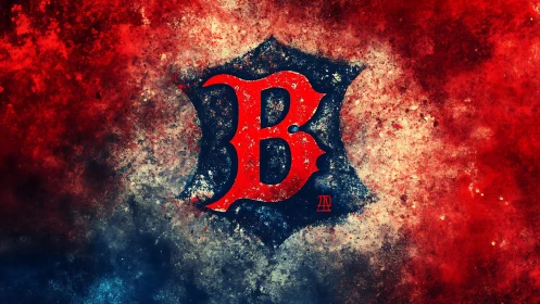 Red letter B emblem on textured red and blue background.