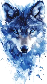 High-contrast blue wolf portrait with dynamic watercolor dispersion