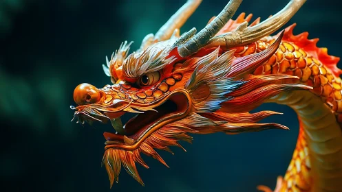Fiery scaled dragon head rendered with vivid 3D detailing.