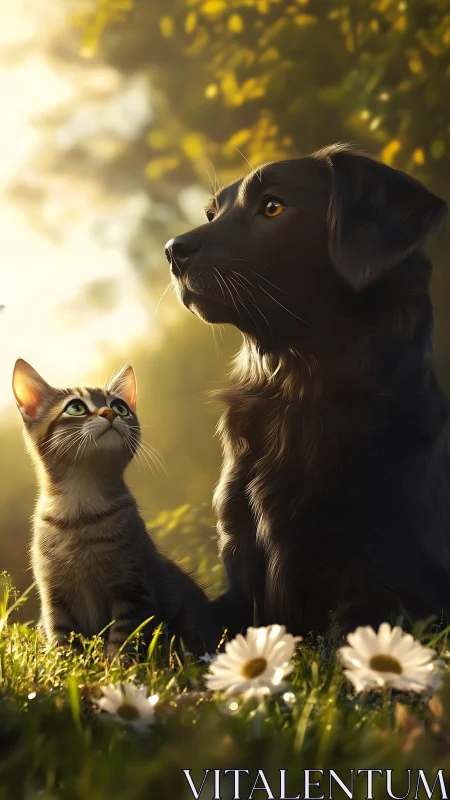 Black Labrador and Tabby Kitten in Golden Meadow Light.