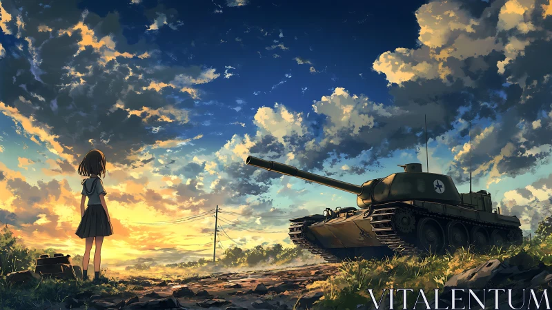 Sunset battlefield contrast pairs lone schoolgirl with heavy tank