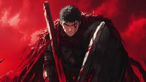 Wounded swordsman stands under blood red storm sky