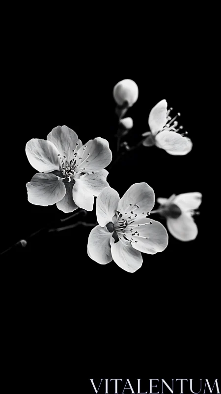 Delicate Cherry Blossom Cluster Against Black Background.