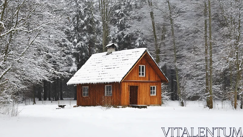 Cozy wooden cabin rests in a silent, snow-covered forest