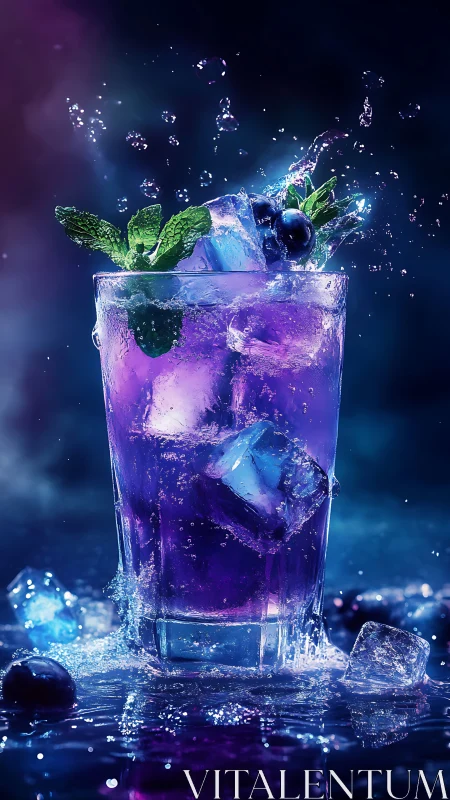 Dynamic Beverage Splash with Prismatic Ice and Mint Garnish in Luminous Purple Tones