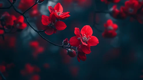 Vibrant Red Flowers Bloom Against a Moody Dark Background