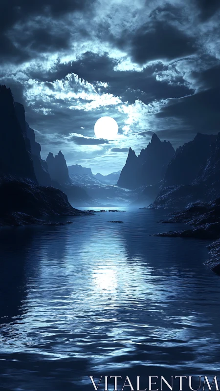 Lunar backlit fjord with specular moon reflection and jagged cliffs.