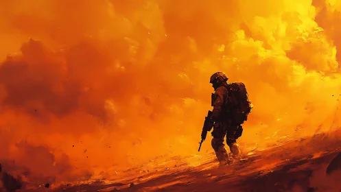 Armored soldier silhouette advances through dense inferno haze