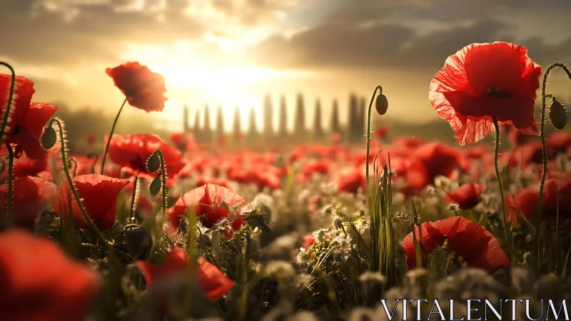 Sunlit red poppy field glows under golden evening sky.