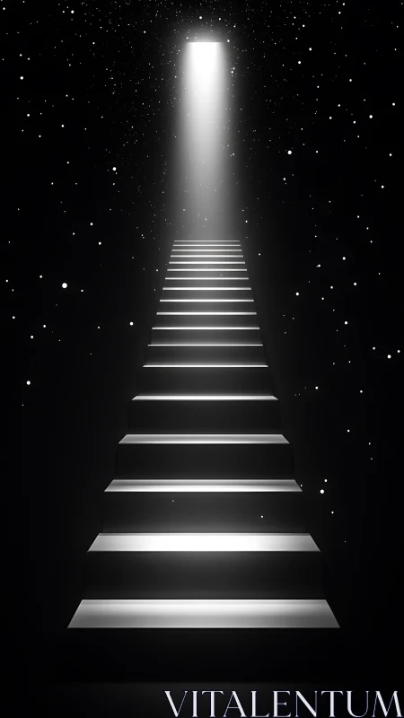 Monochrome stairway receding toward a volumetric light portal in void