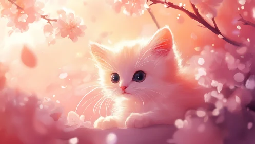 White Kitten Among Cherry Blossoms in Pink Tones