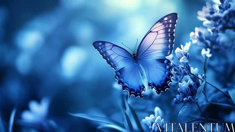 Blue butterfly with open wings in soft floral field.