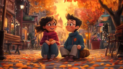 Two children connect amid autumn street bathed golden light