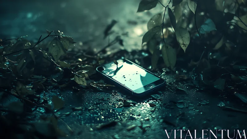 Smartphone lies on wet ground among leaves at night