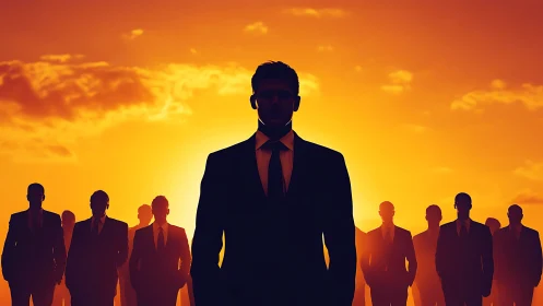 Silhouettes of Power: Leader Stands Illuminated Among Corporate Titans.