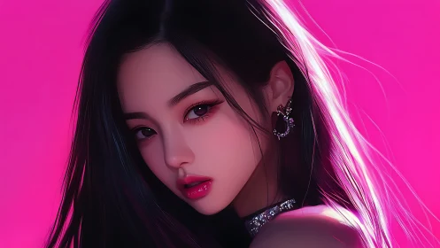 Digital portrait with neon pink glamour lighting focus.