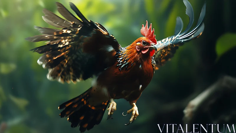 Vibrant rooster in mid-flight, detailed naturalistic style.