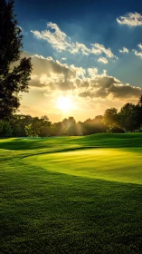 Sunlit fairway hush under a glowing horizon sky.
