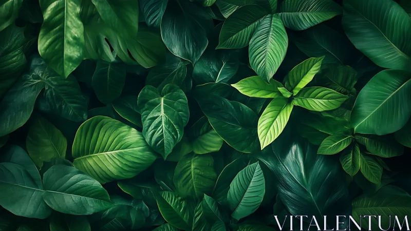 Overhead view of dense tropical foliage in deep greens.
