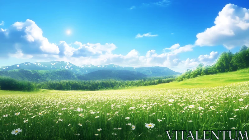 Sunlit wildflower meadow before distant green mountains.