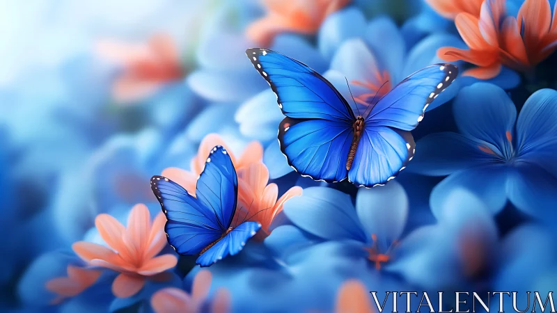 Blue butterflies hover over soft-focus blue and coral flowers