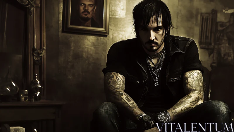 Brooding tattooed rocker broods in a dim, haunted parlor.