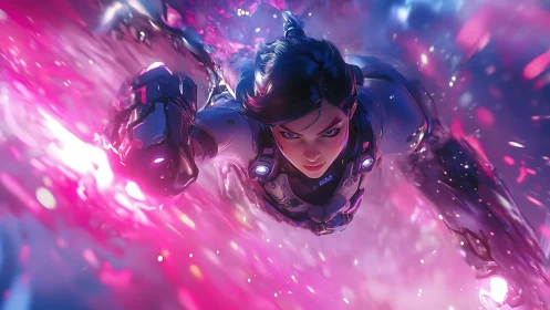 Futuristic female combat figure in powered armor mid-flight.