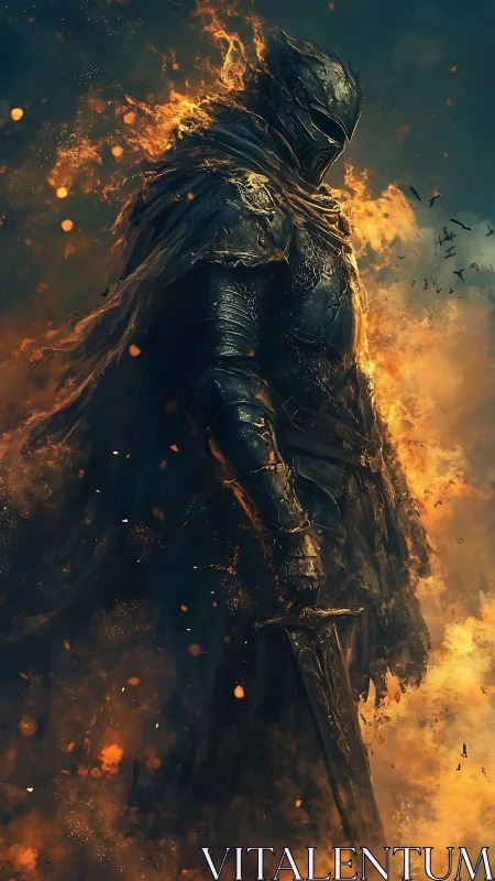 Armored figure standing amid rising flames and smoke.