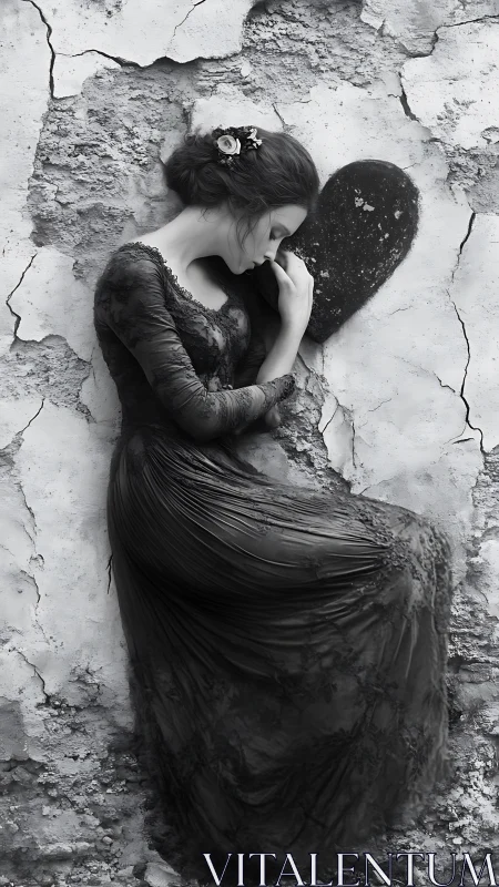 Woman in dark dress leaning against cracked heart wall.